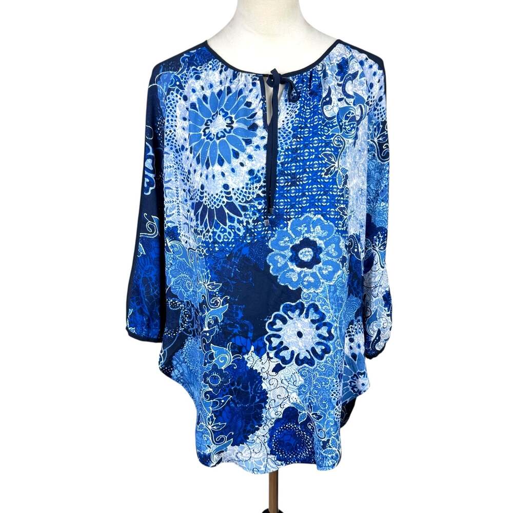 Black Label by Chico’s Sz 0 Navy Blue Mixed Print 3/4 Sleeve Chiffon Blouse